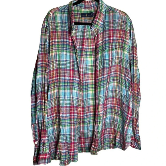 Ralph Lauren Men's Madras Plaid Button Down Size 2X Big & Tall 100% Linen - Picture 1 of 10